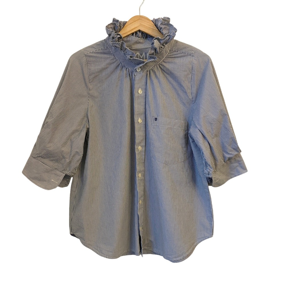 KMJ Bontina Shirt Ruffle Collar Button Down Womens L Striped Preppy Classic Blue